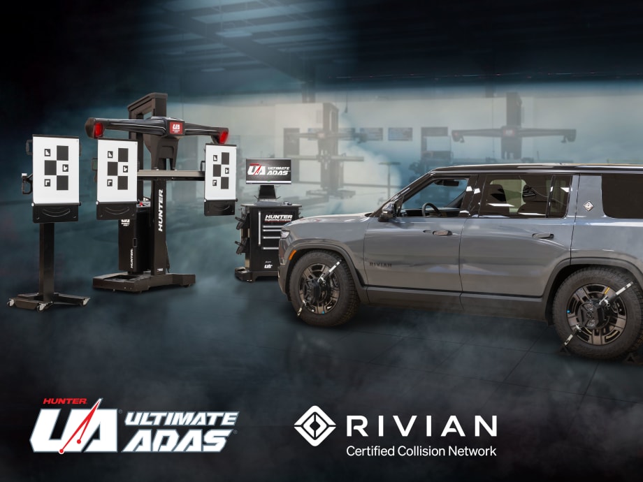 Rivian SUV positioned beside Hunter Ultimate ADAS calibration equipment inside a service facility. The image promotes Rivian Certified Collision Network services, with alignment targets, calibration tools, and brand logos displayed against a dark industrial background.