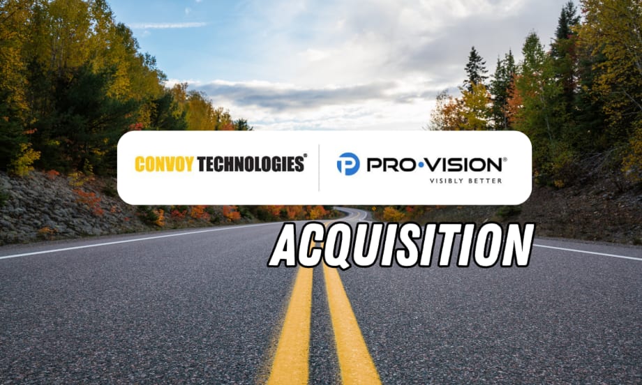 Graphic announcing the acquisition of Pro-Vision by Convoy Technologies over a scenic two-lane road surrounded by autumn trees. Company logos appear above large “Acquisition” text centered on the roadway.
