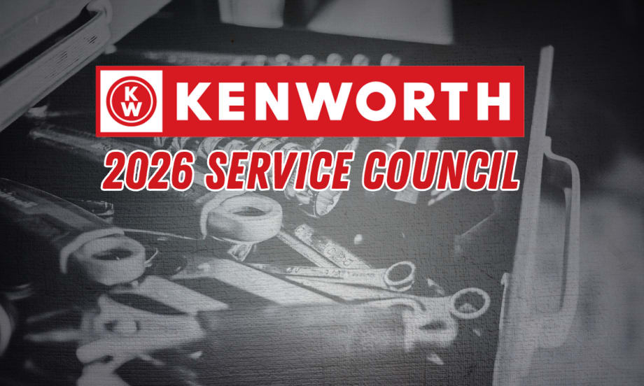 Image promoting the Kenworth 2026 Service Council featuring the Kenworth logo and bold event text over a grayscale background of mechanic tools and workshop equipment.