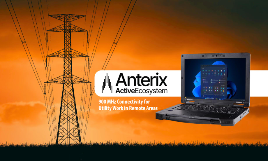 Image promoting the Anterix Active Ecosystem with 900 MHz connectivity for utility work in remote areas. The image features power transmission lines at sunset alongside a rugged Panasonic Toughbook laptop displaying a Windows interface.