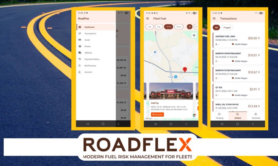 Graphic promoting the RoadFlex mobile app for fleet fuel risk management. Three smartphone screens display dashboard navigation, fuel station mapping, and transaction tracking over a highway background with the RoadFlex logo below.