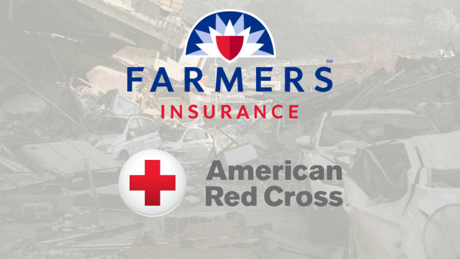 Farmers Insurance and American Red Cross logos displayed over storm and disaster damage imagery representing emergency recovery assistance efforts.
