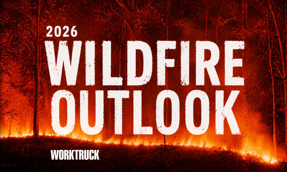 Graphic for Work Truck’s 2026 Wildfire Outlook featuring bold white text over an active forest wildfire scene, with flames spreading across wooded terrain against a red-orange sky.