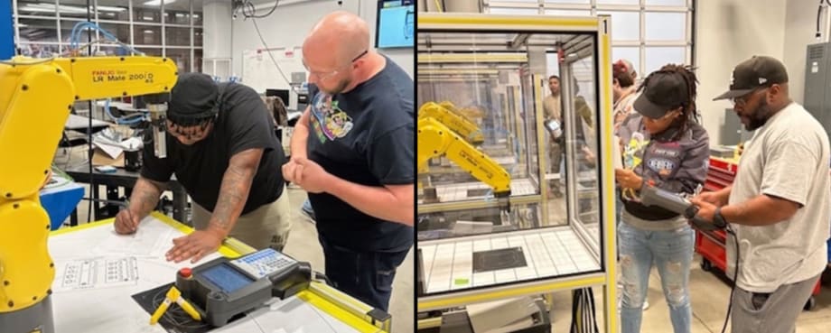 Split image showing hands-on industrial robotics training. On the left, an instructor guides a participant programming a yellow FANUC robotic arm. On the right, two participants operate a robotic system controller beside a safety-enclosed robot cell in a training lab.