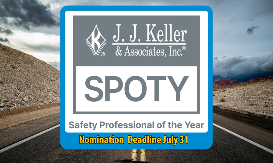 J. J. Keller & Associates, Inc. Safety Professional of the Year award logo, featuring the company name, stylized “K” emblem, and bold “SPOTY” acronym above the title “Safety Professional of the Year.”