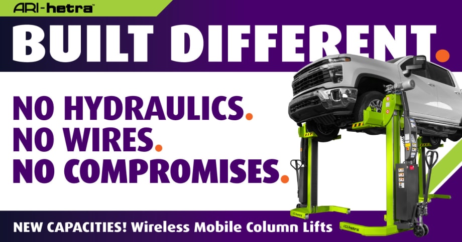 Graphic promoting ARI-HETRA wireless mobile column lifts, featuring a pickup truck raised on bright green lifts. Bold text reads: “Built Different. No Hydraulics. No Wires. No Compromises.” and highlights new lift capacities.