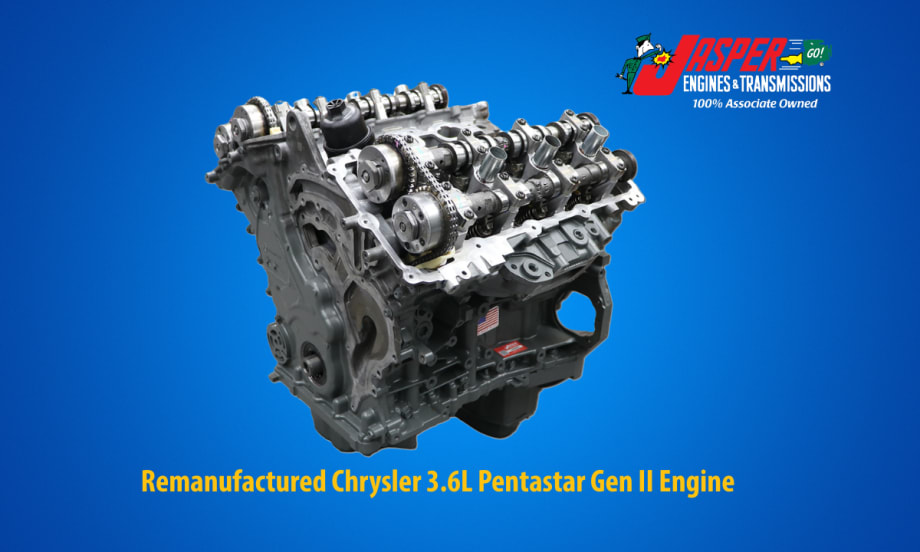 Promotional graphic from Jasper Engines & Transmissions featuring a remanufactured Chrysler 3.6L Pentastar Gen II engine on a blue background, with company branding and product identification text.
