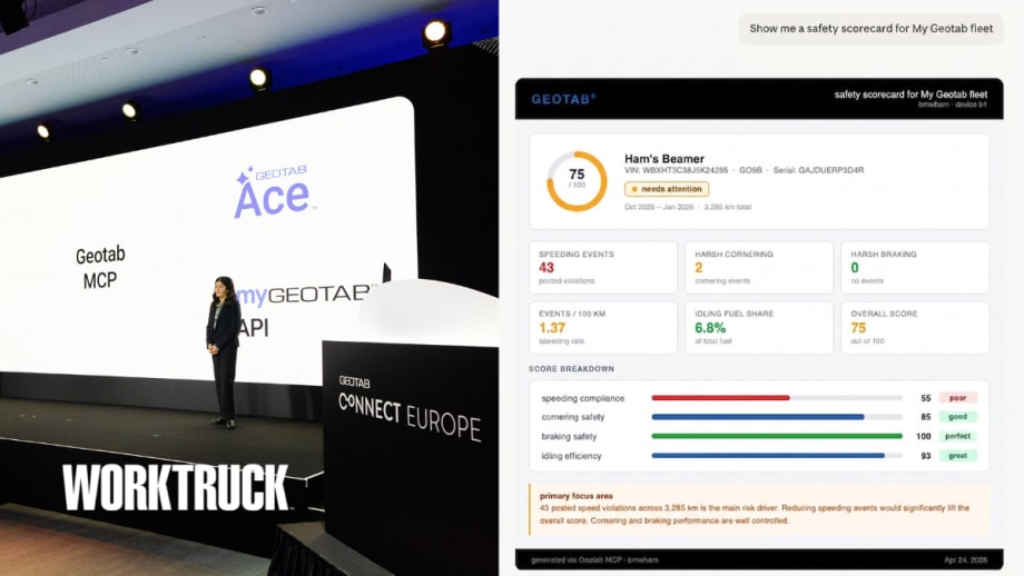 Geotab presentation showing MCP Connector integration with AI platforms including ChatGPT, Claude, and Gemini alongside a fleet safety scorecard generated from connected vehicle data.