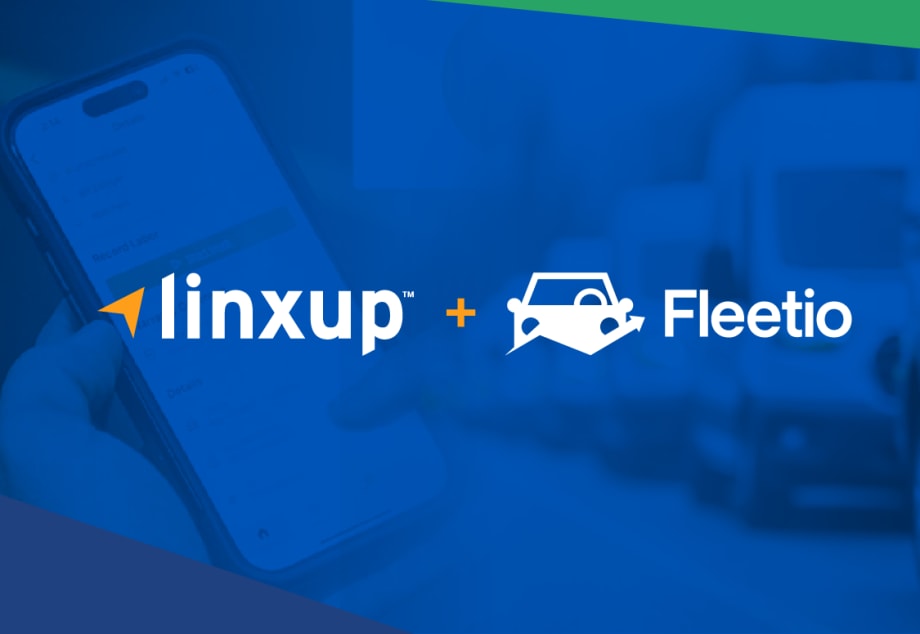 Graphic announcing a partnership between Linxup and Fleetio, featuring both company logos over a blue-toned background with a smartphone and blurred vehicle imagery, symbolizing connected fleet management and vehicle tracking integration.