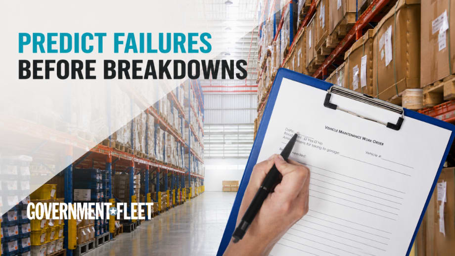 Graphic featuring the headline "Predict Failures Before Breakdowns" over a warehouse background with a vehicle maintenance work order on a clipboard, illustrating the role of maintenance data in preventing fleet downtime.