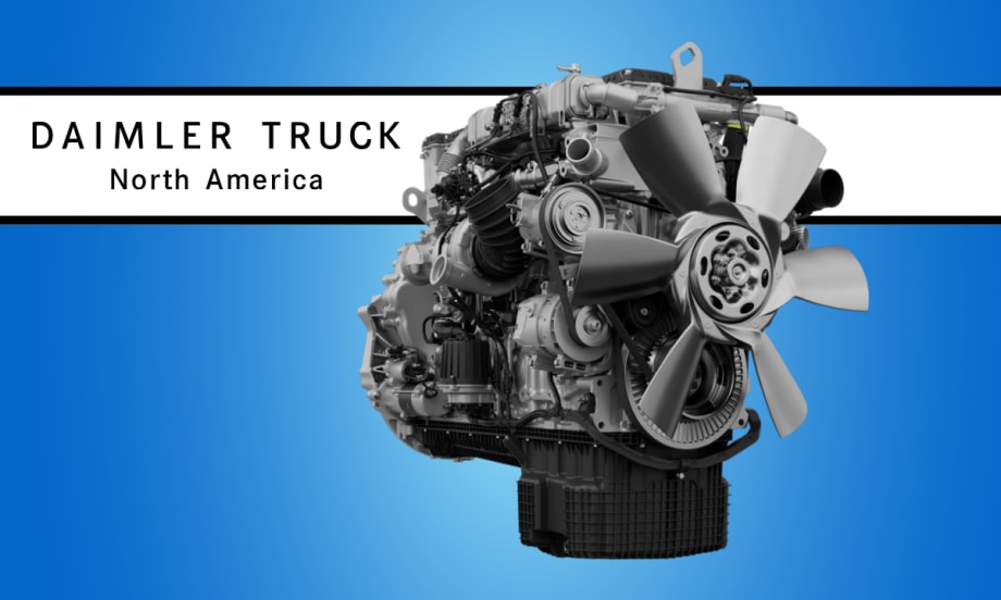 Daimler Truck North America promotional graphic featuring a heavy-duty diesel engine with a large cooling fan on a gray background, alongside the Daimler Truck North America logo and branding.