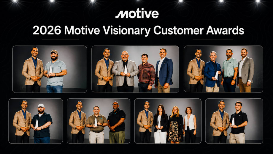 Collage for the 2026 Motive Visionary Customer Awards featuring seven recipient groups posing with awards on stage beneath the Motive logo, recognizing achievements across safety, innovation, transformation, partnerships, and operational excellence.