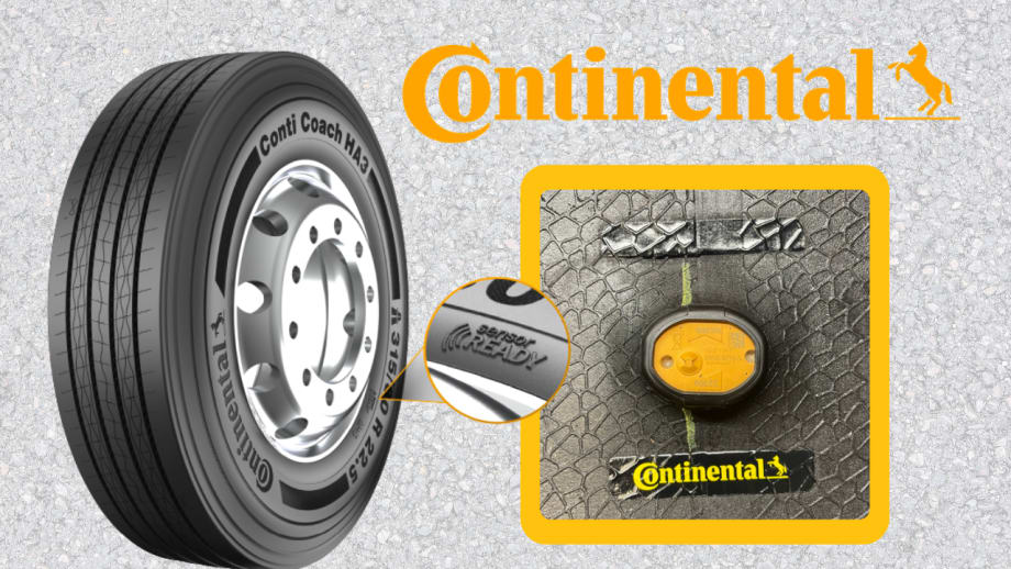 Continental Conti Coach HA3 commercial tire with Sensor Ready technology, featuring an integrated tire sensor embedded in the tread and a close-up inset highlighting the sensor location for fleet tire monitoring.