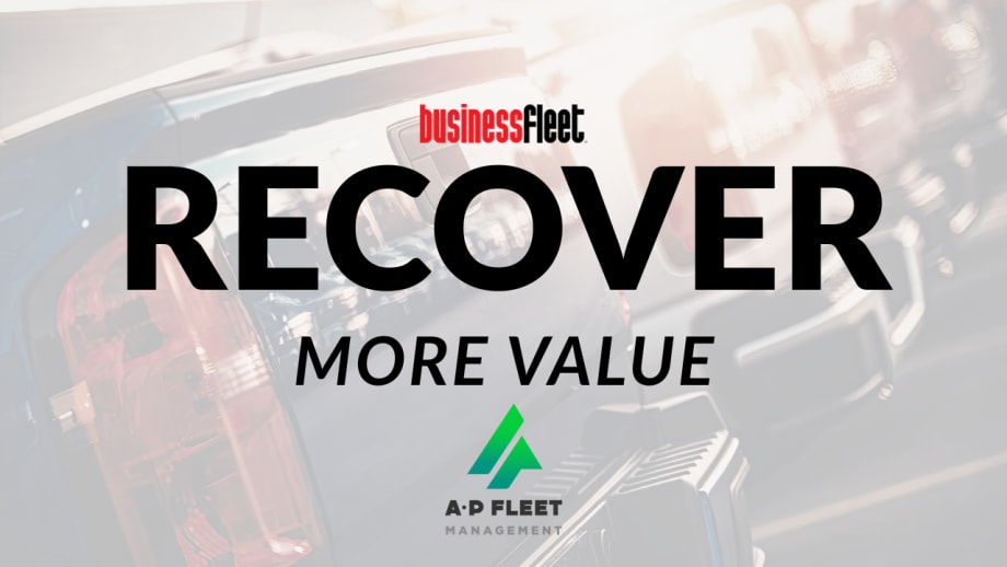 Graphic featuring the Business Fleet logo above the headline "Recover More Value" over a blurred image of commercial pickup trucks parked in a fleet lot. The graphic accompanies a story about AP Fleet Management expanding its vehicle remarketing program to help fleets maximize resale value and simplify the vehicle sales process.