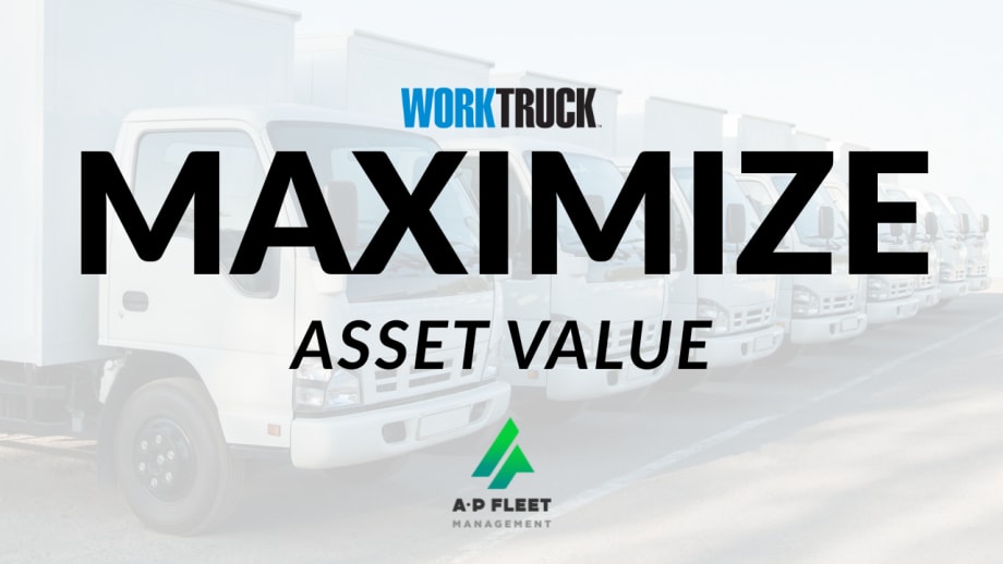 Graphic featuring the Work Truck logo above the headline "Maximize Asset Value" over a blurred image of white commercial box trucks lined up in a fleet parking area. The graphic accompanies a story about AP Fleet Management's expanded remarketing program for commercial work trucks and fleet vehicles.