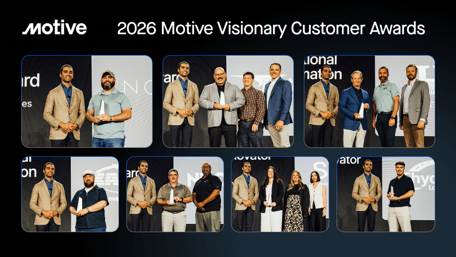 Collage highlighting the 2026 Motive Visionary Customer Awards, featuring seven groups of award recipients posing on stage with trophies beneath the Motive logo, recognizing customer excellence in safety, innovation, transformation, and fleet operations.