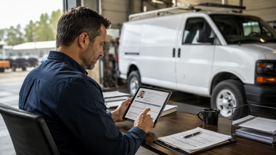 Fleet manager reviews a driver record on a tablet while seated beside a white commercial van in a service facility.