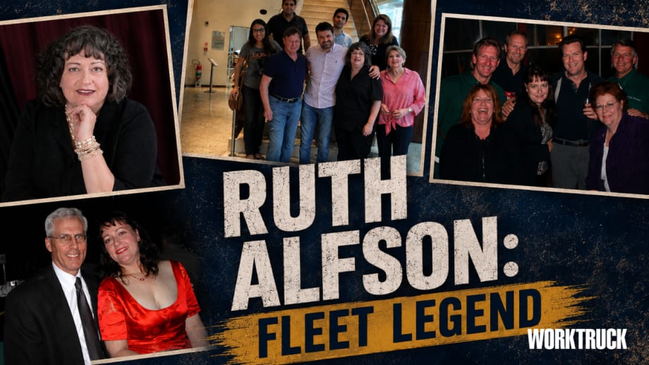 Collage featuring four photos of Fleet Legend Ruth Alfson throughout her career and personal life, including a professional portrait, industry group photos, and a formal event photo, with the title "Ruth Alfson: Fleet Legend" centered over a textured blue background.