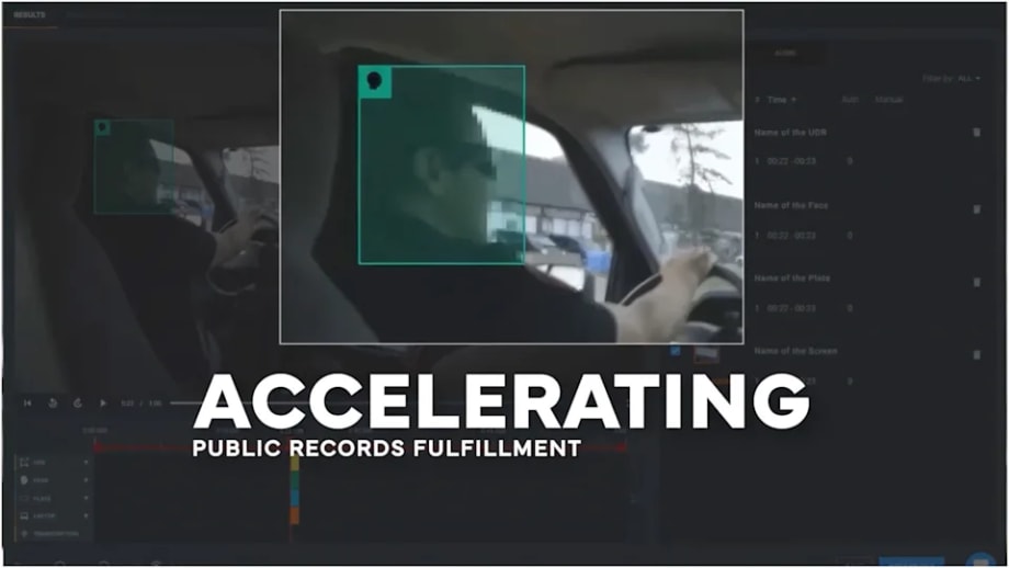 Screenshot of Veritone Redact software automatically detecting and obscuring a driver's face in dashcam video. Headline reads, “Accelerating Public Records Fulfillment,” highlighting AI-powered video redaction for public safety agencies.