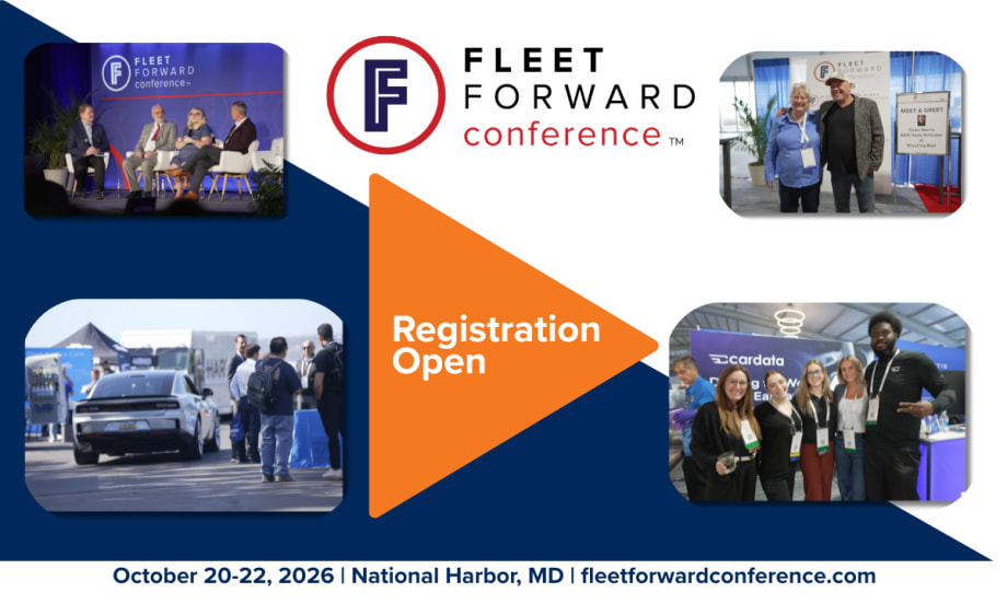 Promotional graphic for the 2026 Fleet Forward Conference featuring event photos, “Registration Open” message, and event details: October 20–22, 2026, National Harbor, Maryland, with website fleetforwardconference.com.