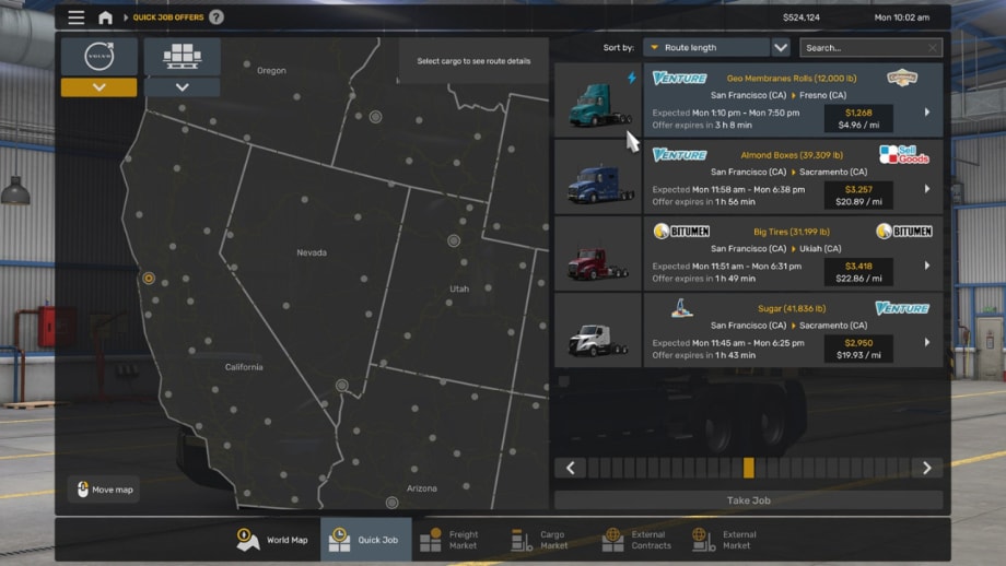 American Truck Simulator quick job menu showing available freight routes, truck options, and a map of the western U.S.