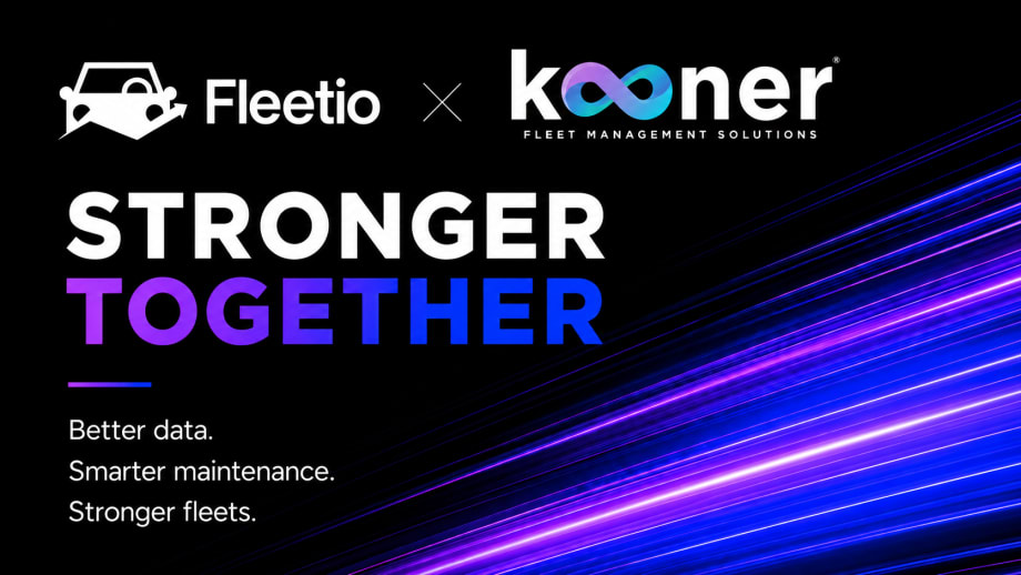 Graphic announcing a Fleetio and Kooner Fleet Management Solutions partnership with the headline “Stronger Together” and the message: “Better data. Smarter maintenance. Stronger fleets,” over a black background with purple and blue light streaks.