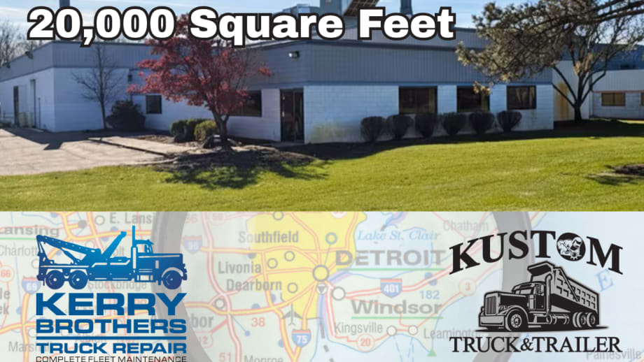 Graphic highlighting Kerry Brothers Truck Repair’s 20,000-square-foot facility, featuring a building photo, Detroit-area map, and Kerry Brothers Truck Repair and Kustom Truck & Trailer logos.
