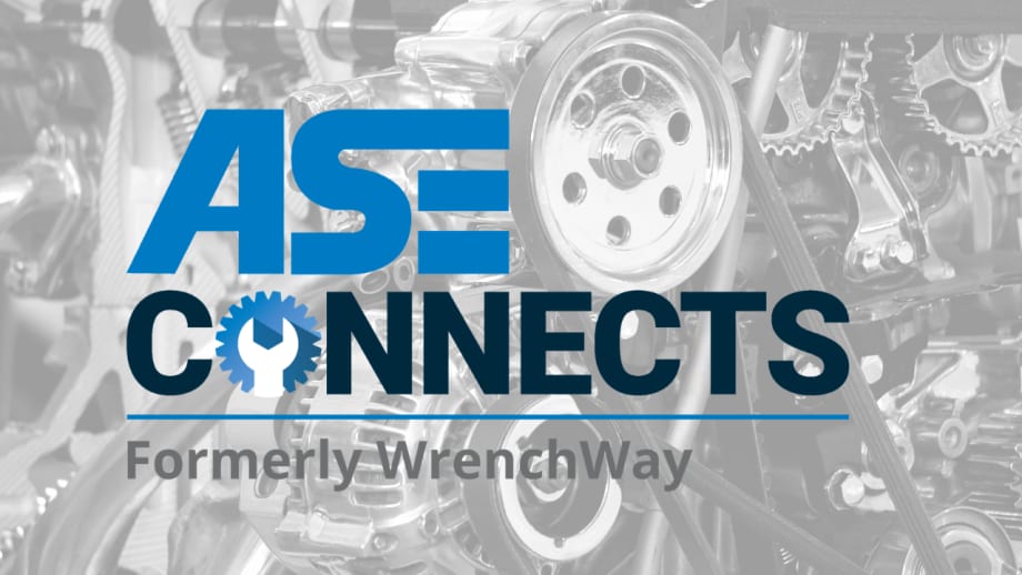 ASE Connects logo over a grayscale engine background with the tagline “Formerly WrenchWay,” highlighting the platform’s rebranding while emphasizing its connection to the automotive service and technician community.