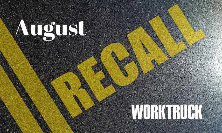 Pavement background with double yellow lines and large text that says Recall, August, and Work Truck logo.