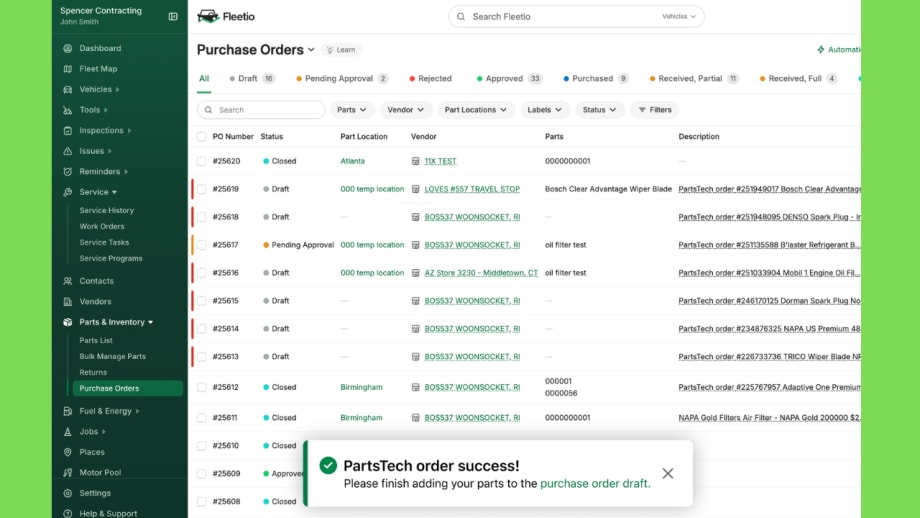 Fleetio Purchase Orders dashboard showing order statuses, vendors, parts, and locations, with a confirmation message stating, “PartsTech order success! Please finish adding your parts to the purchase order draft.”