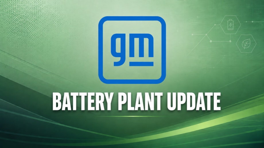 GM logo above “Battery Plant Update” on a green energy-themed graphic with battery and sustainability icons.