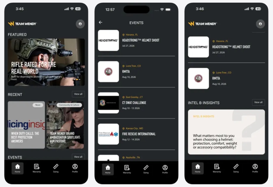 Three smartphone screens display the Team Wendy community app, featuring tactical gear content, upcoming events, news, surveys, and navigation tools for warranty, sizing, and user profiles.