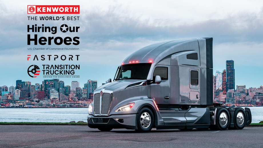 Kenworth T680 semi-truck posed before a city skyline, alongside logos for Kenworth, Hiring Our Heroes, Fastport, and Transition Trucking’s Driving for Excellence Award.