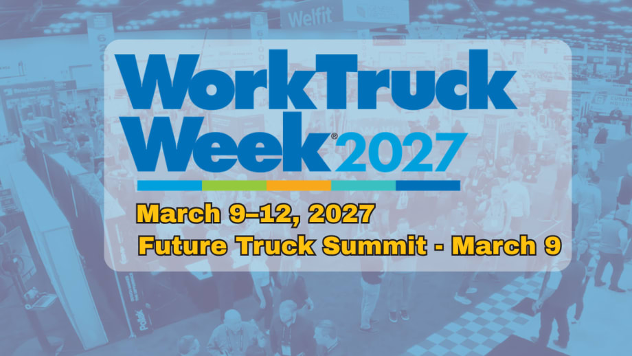 Work Truck Week 2027 promotional graphic over a trade show floor, announcing the March 9–12 event and Future Truck Summit on March 9.