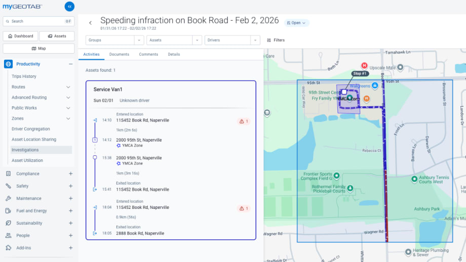 Screenshot of Geotab Investigations showing a speeding infraction case for a service van, with a timeline of vehicle activity alongside a mapped route and incident location.