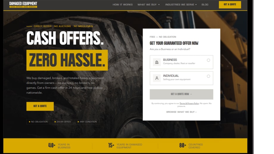 Damaged Equipment website promotes cash offers for damaged, broken, and totaled heavy equipment, featuring a large equipment tire, “Cash Offers. Zero Hassle.” headline, and online quote form.