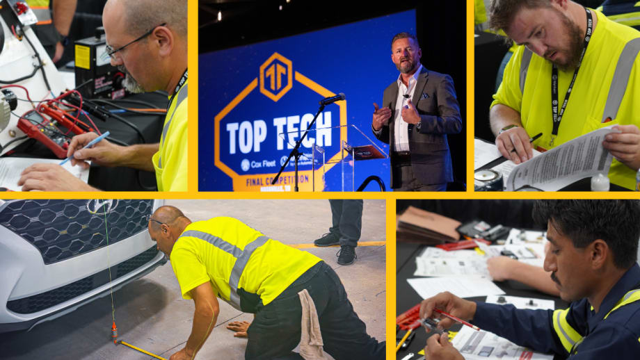 Collage from the Cox Automotive Top Tech competition showing technicians completing hands-on automotive challenges and paperwork, alongside a speaker presenting on stage.