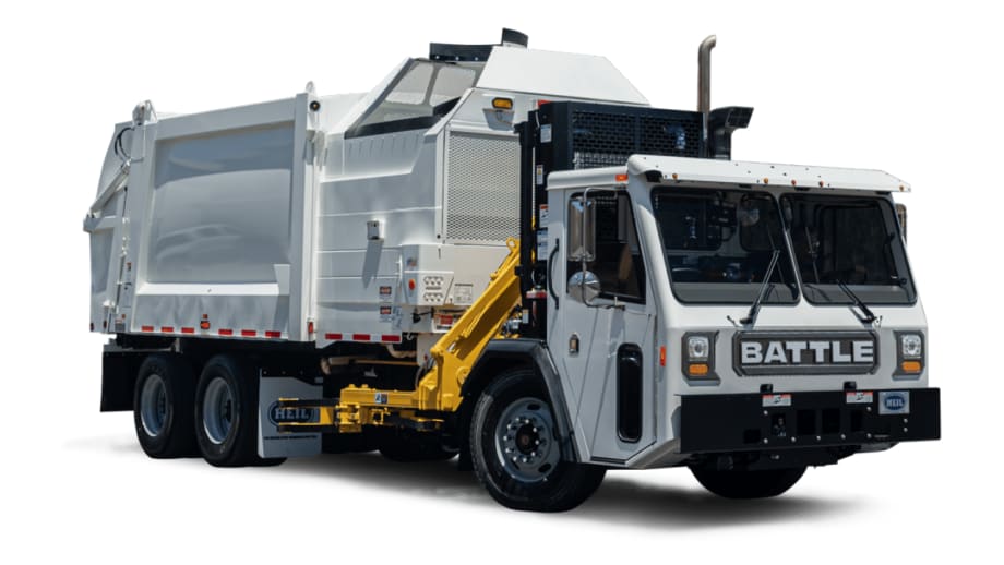 White Battle Motors refuse truck with a Heil side-loading waste collection body and yellow hydraulic lifting arm, shown against a plain white background.