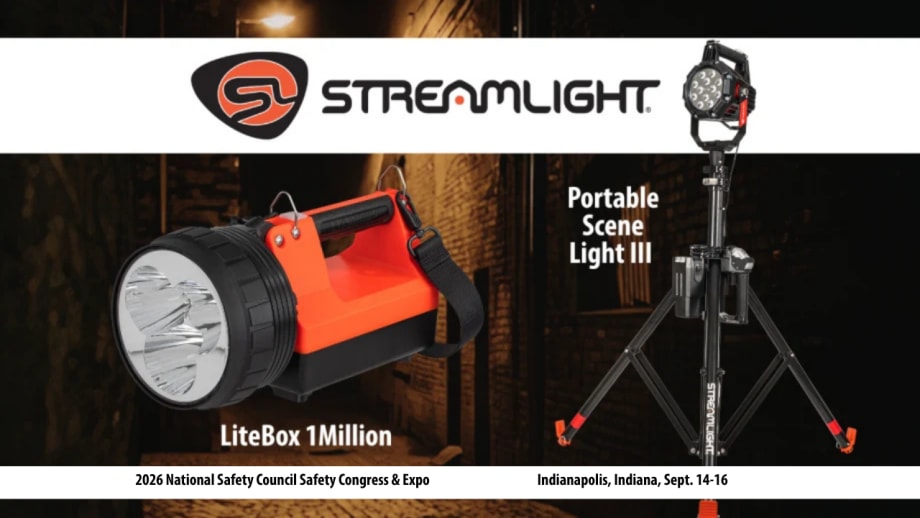 Streamlight promotional graphic featuring the LiteBox 1 Million handheld light and Portable Scene Light III, highlighting products displayed for the 2026 National Safety Council Safety Congress & Expo in Indianapolis, Sept. 14–16.