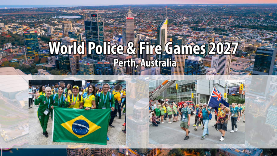 Graphic promoting the 2027 World Police & Fire Games in Perth, Australia, featuring an aerial city view and photos of international participants carrying Brazilian and Australian flags.