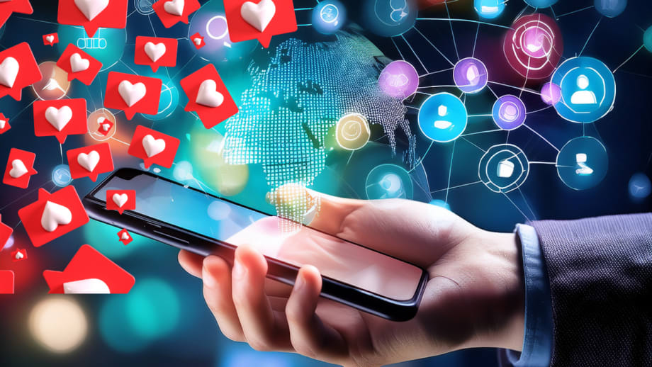 Social media icons and a man holding a smart phone