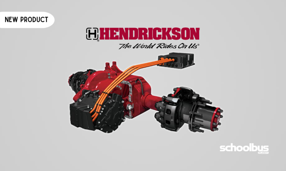 Graphic promoting Hendrickson's new ELECTRAAX electric axle system, featuring a red electric drive axle assembly with high-voltage orange cables connected to a control module. The Hendrickson logo and tagline, "The World Rides On Us," appear above the product against an orange gradient background, with a "New Product" label in the upper left and the School Bus Fleet logo in the lower right.