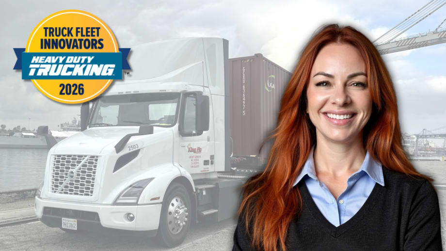 Woman with red hair superimposed on background showing a King Fio electric Volvo truck at the port, plus the HDT Truck Fleet Innovators 2026 logo