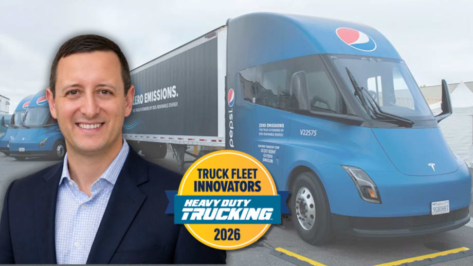 Headshot of Adam Buttgenbach with a Pepsi-branded Tesla Semi in the background