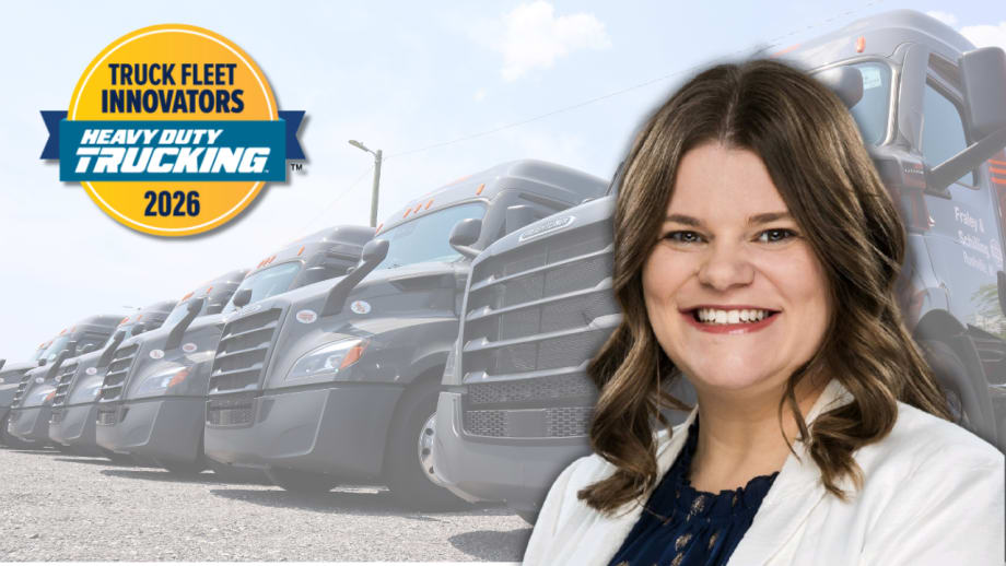 Woman in white blazer superimposed on background showing a row of Fraley & Schilling truck, plus the HDT Truck Fleet Innovators 2026 logo