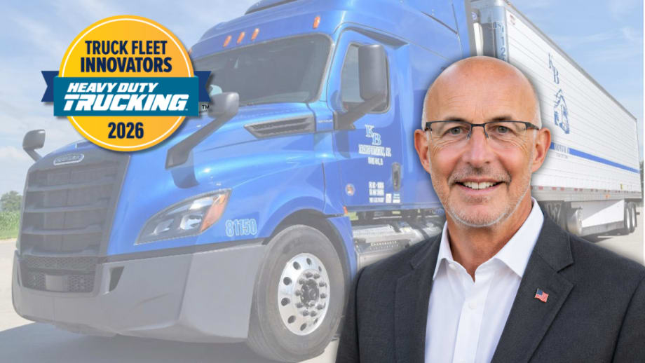 Lance Evans in suit jacket superimposed on background showing a blue K&B tractor-trailer, plus the HDT Truck Fleet Innovators 2026 logo