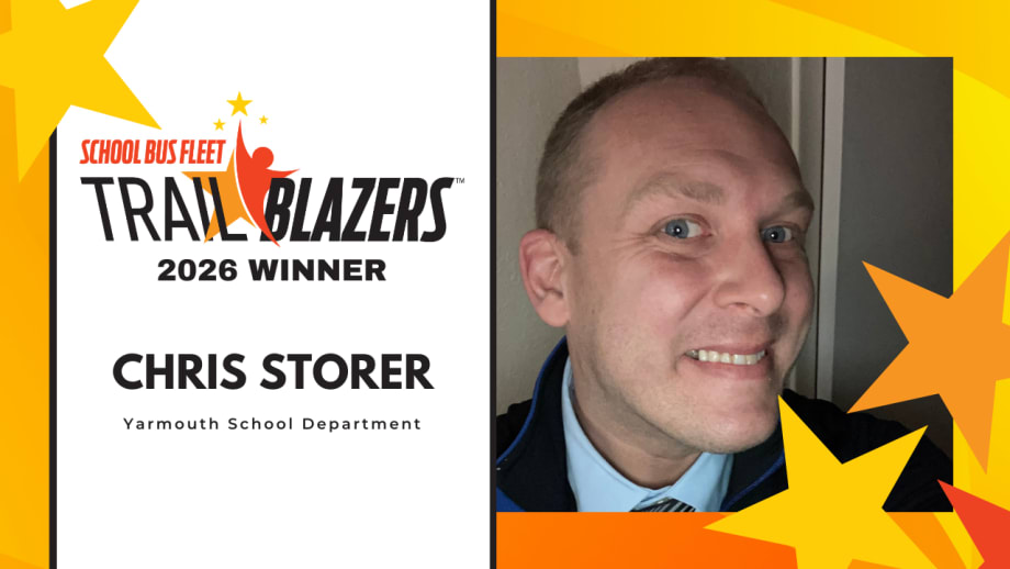 Chris Storer of Yarmouth School Department recognized as a 2026 School Bus Fleet Trailblazers winner, shown in a headshot with the Trailblazers award graphic.