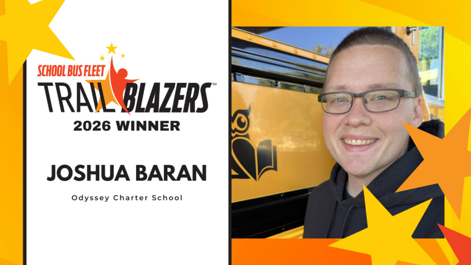Joshua Baran of Odyssey Charter School recognized as a 2026 School Bus Fleet Trailblazers winner, pictured in a headshot next to the Trailblazers award graphic.