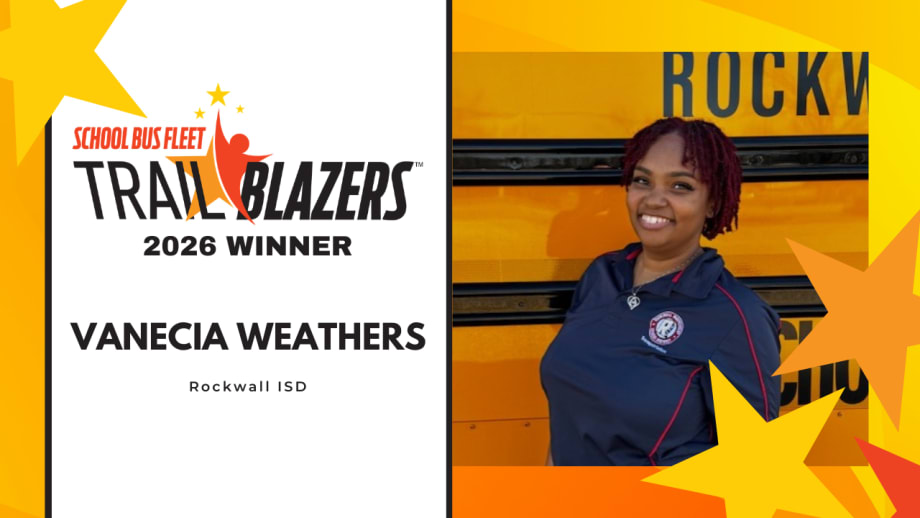Vanecia Weathers recognized as a 2026 School Bus Fleet Trailblazers winner, pictured in a headshot with the Trailblazers award graphic.