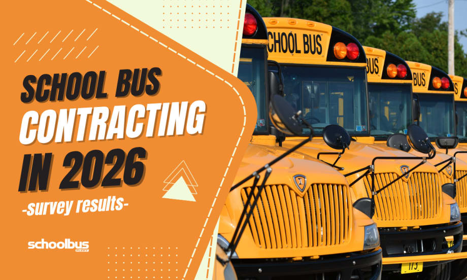 Row of yellow school buses parked side by side beside graphic text reading “School Bus Contracting in 2026 – Survey Results.”